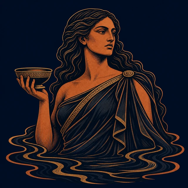 MythWeave original portrait of Styx as a grave terracotta-and-gold river goddess rising from a dark cascade with an oath bowl