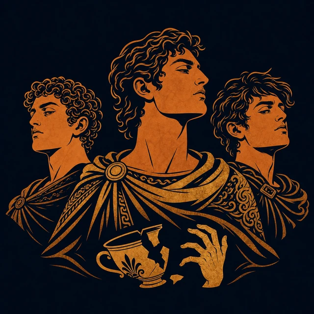 MythWeave original collective portrait of three terracotta Suitors above a broken banquet cup and grasping hand