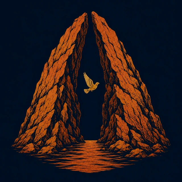 MythWeave 原創陶繪線稿風場景:金色鴿子飛越兩座相向撞擊的辛普勒加得斯岩門