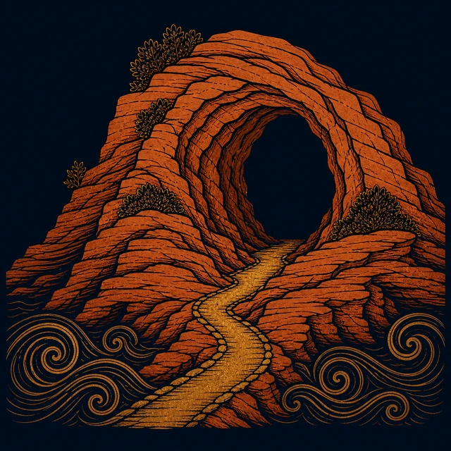 MythWeave 原創陶器線稿:海岬岩層與金色下行小徑圍繞的泰納隆洞口