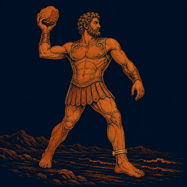 MythWeave original pottery-line illustration of bronze Talos patrolling Crete with his ankle pin visible
