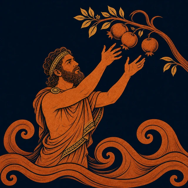 MythWeave original pottery-line illustration of Tantalus reaching from water toward receding fruit