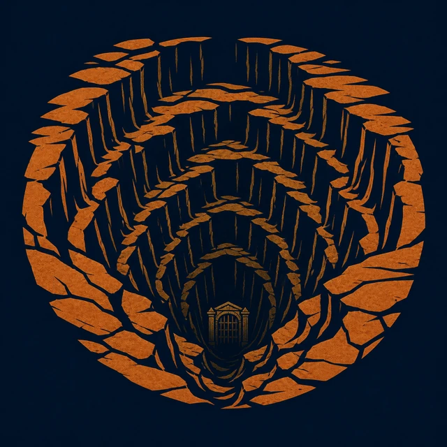 MythWeave original emblem of Tartarus as terracotta-and-gold strata descending into a deep navy abyss and distant gate
