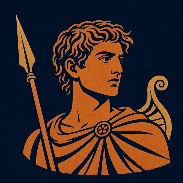 MythWeave original portrait of Telemachus as a young terracotta-and-gold Ithacan prince with a spear and ship-prow motif