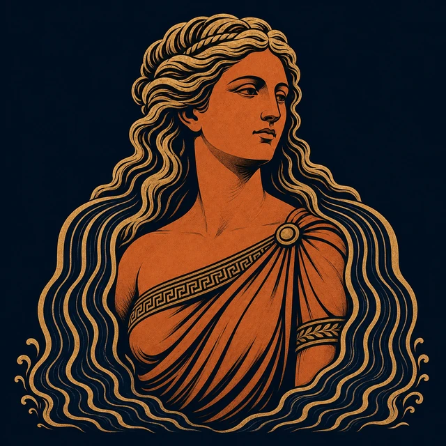 MythWeave original portrait of Tethys as a calm terracotta-and-gold Titan water mother whose hair becomes two streams