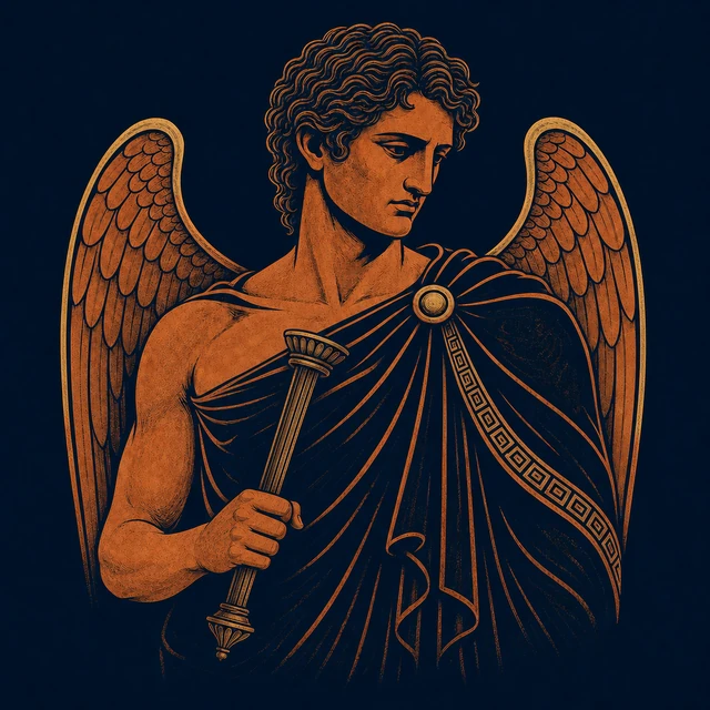 MythWeave original portrait of Thanatos as a solemn terracotta-and-gold winged death deity with a lowered torch