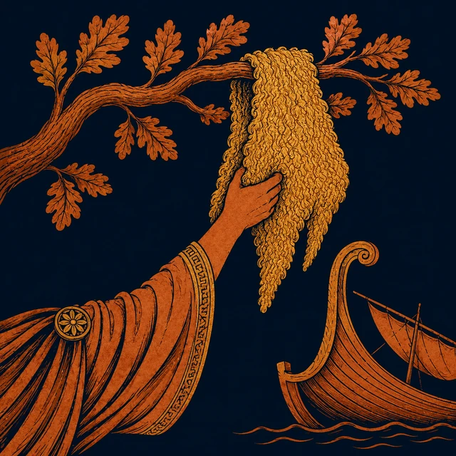 MythWeave original pottery-line event emblem of a cloaked arm carrying the Golden Fleece from oak to ship