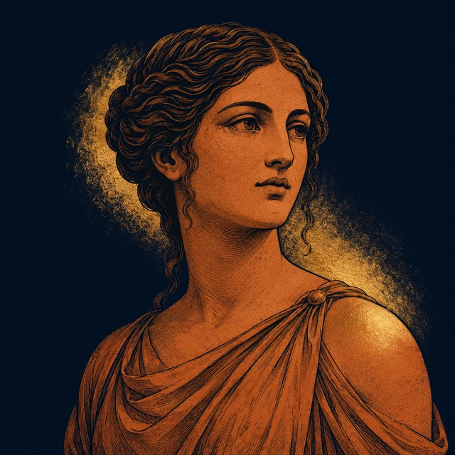 MythWeave original portrait of Theia as a terracotta first-generation Titan goddess with a restrained worn-gold gleam on deep navy