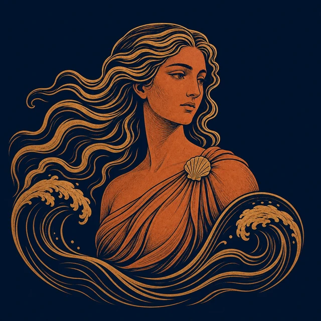 MythWeave original portrait of Thetis as a terracotta-and-gold sea goddess and mother framed by two wave contours