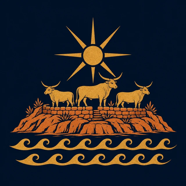 MythWeave original place emblem of Thrinacia as a sunlit terracotta island with a seven-ray sun, three sacred cattle and stone enclosure