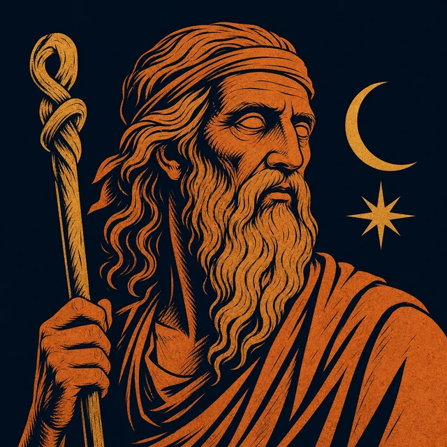MythWeave original portrait of Tiresias as a blind old terracotta prophet with a knotted staff and crescent-and-star motif