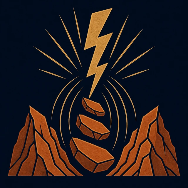 MythWeave original Titanomachy emblem with gold lightning and falling stones between two mountain camps