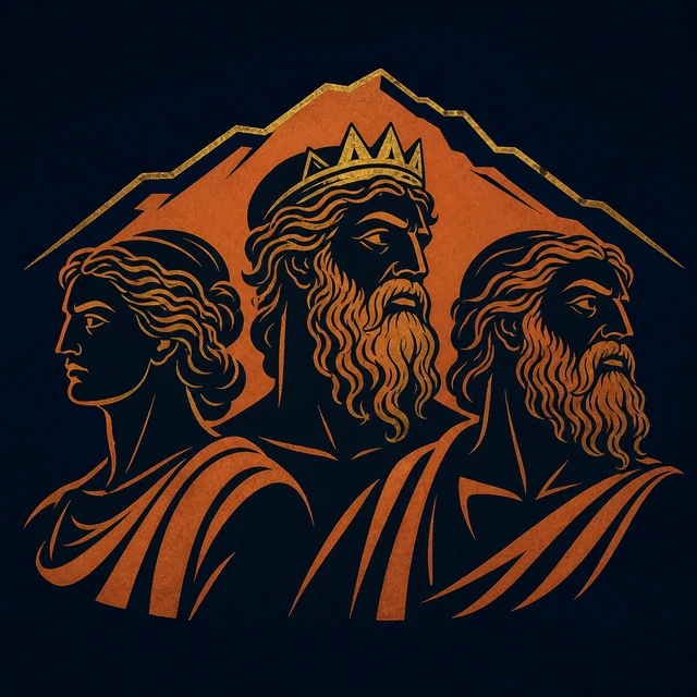 MythWeave original Titans emblem showing three monumental elder divine silhouettes before Mount Othrys