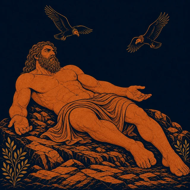 MythWeave original pottery-line illustration of the punished giant Tityus beneath two vultures, without gore