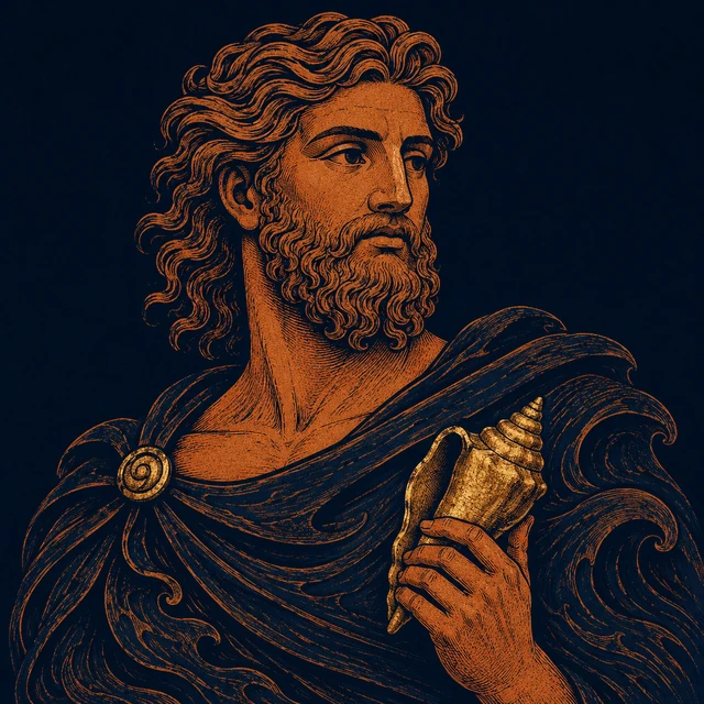 MythWeave original portrait of Triton as a sea-god guide from the Argonauts' Libyan episode, with terracotta sea-divine face, dark wave-like mantle and restrained worn-gold conch on deep navy.