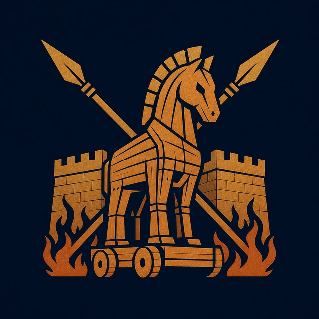 MythWeave original Trojan War emblem with a terracotta-and-gold wooden horse, city walls, crossed spears and flames