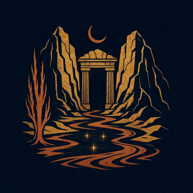 MythWeave original place emblem of the Underworld as a cavern gate between cliffs with a winding river, bare cypress and three soul lights