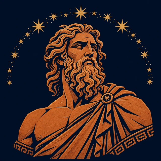 MythWeave original portrait of Uranus as a terracotta-and-gold primordial sky god arching over earth with a band of stars