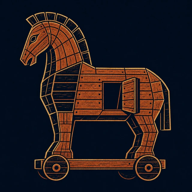 MythWeave original event emblem of the Wooden Horse as a monumental terracotta-and-gold hollow horse on wheels with a side hatch
