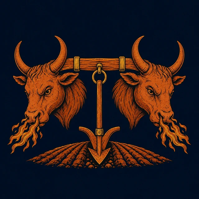 MythWeave original pottery-line event emblem of two fire-breathing bull heads joined by a yoke and plough