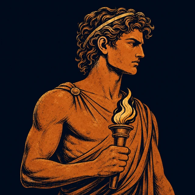 MythWeave 原創澤洛斯圖像:配有上升火焰形飾帶、代表熱忱的警醒年輕神祇