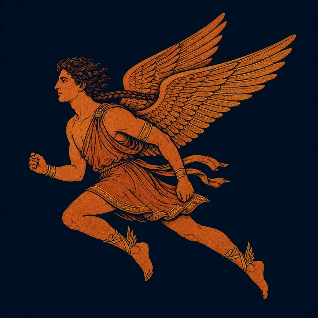 MythWeave original pottery-line illustration of the winged Zetes running with one long swept-back braid