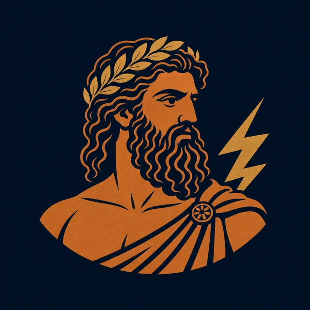 MythWeave original portrait of Zeus as a terracotta-and-gold profile with a laurel wreath and lightning on deep navy